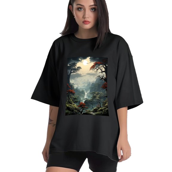 Plus Size Shirt for Women Black Tops for Women Short Sleeves Shirt for Women Landscape T Shirt Crewneck Shirt for Women XS