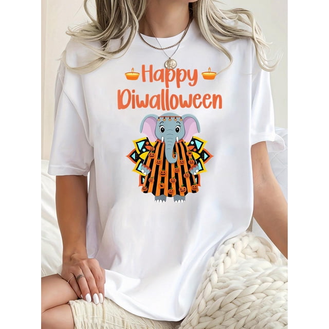 Women's Fun Halloween Elephant Graphic Tee - Casual Crew Neck Short Sleeve T-Shirt, Comfortable Summer Top