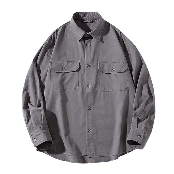 Camisas De Vestir Para Hombre Manga Corta Camisa holgada informal de color sólido para hombre Abrigo con bolsillo de manga larga (Grey, XXL)