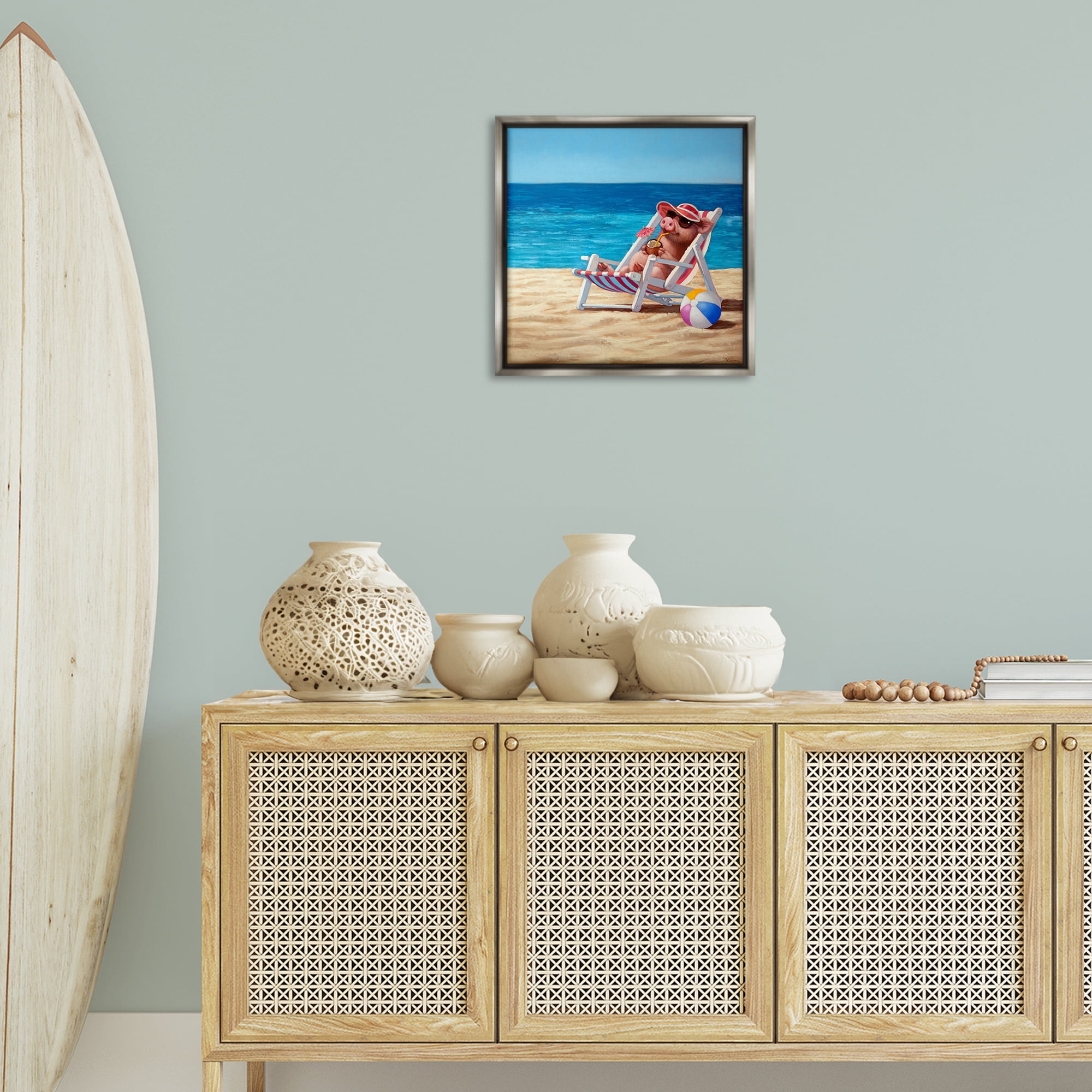 Stupell Industries Pig with Beach Cocktail Novelty Painting Gray Floater Framed Canvas Art Print Wall Art, 18 x 18