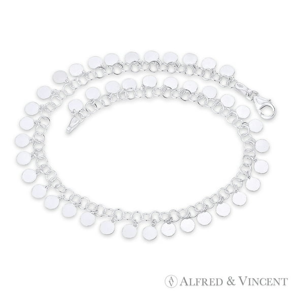 4mm Flat Circle Charms on 3.5mm Rolo Link Italian Chain Anklet in .925 Sterling Silver