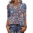 thumbnail image 3 of Boho Print Blouse for Women, V-Neck 3/4 Sleeve Tunic Top with Button Detail - Loose Fit Bohemian Casual Shirt for Fall & Winter Blue L, 3 of 7