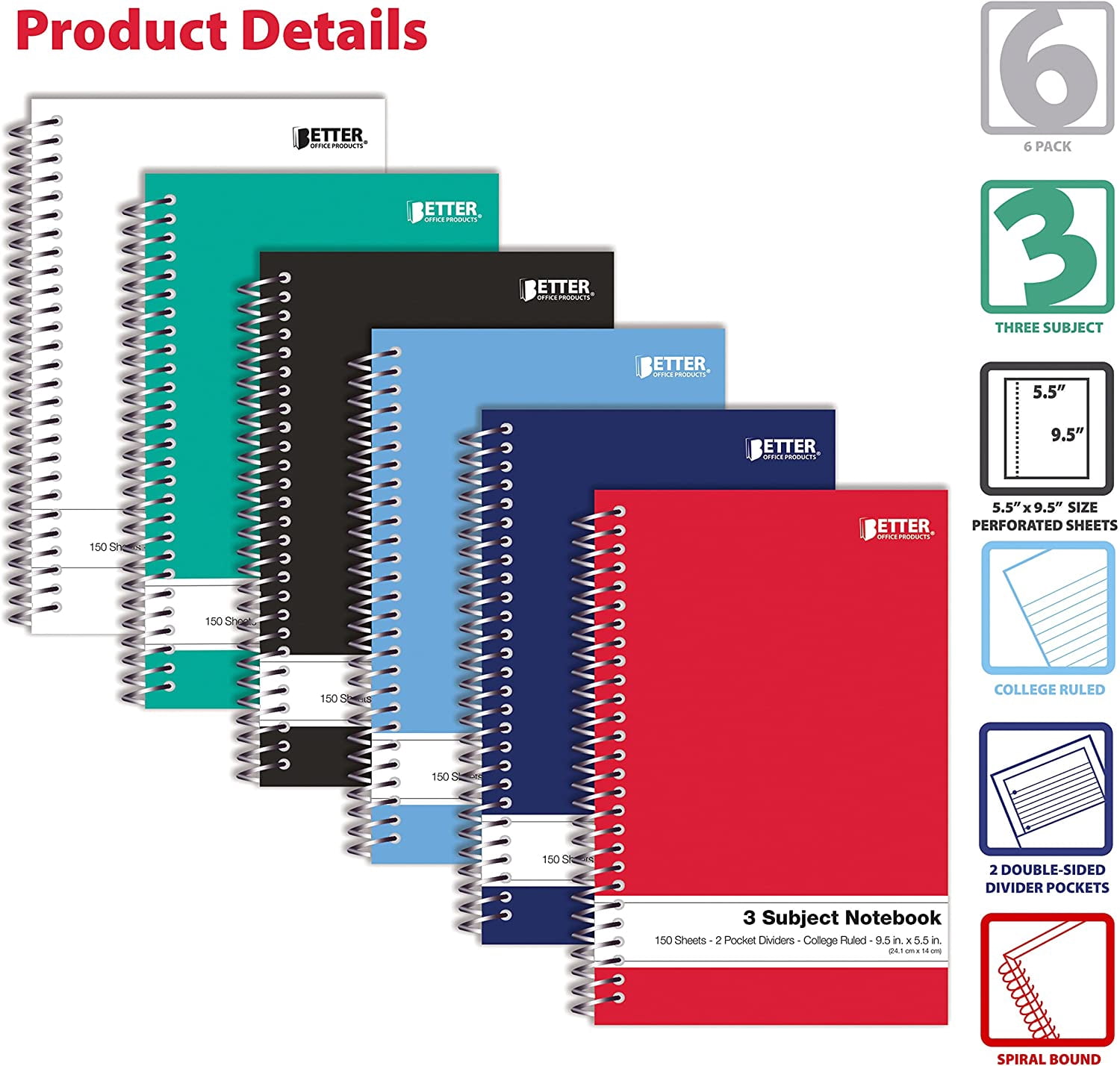 3 Subject Spiral Notebooks, 9.5 x 5.5 inch, 6 Pack, 150 Sheet Notebook with 2 Double-Sided Pocket Dividers, Assorted Solid Color Covers (College Ruled)