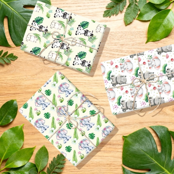 Jungle Animal Themed Wrapping Paper Set - Cute Wildlife & Watercolor Design for Party Decor & Gift Packaging