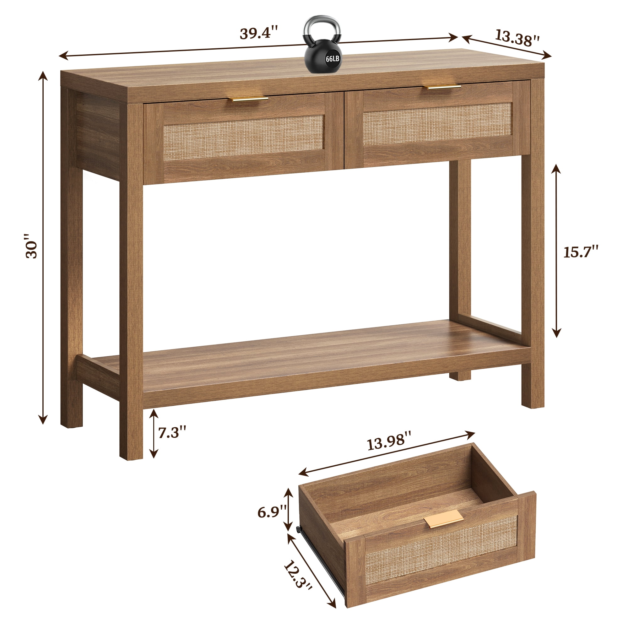 SICOTAS 39.4 Inch Wide Rattan Console Table Set of 2 with 2 Drawers & Shelf, Boho Entryway table with Large Storage Capacity for Entrance Way, Hallway, Living Room - Natural Oak