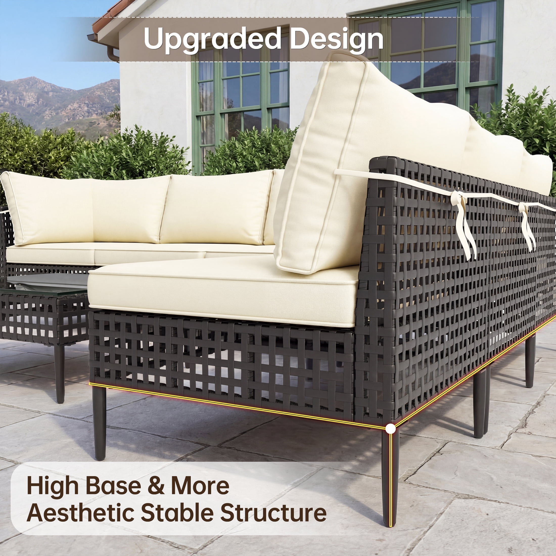 UDPATIO 7 Piece Wicker Patio Furniture Set, Outdoor Conversation Set， Sectional Sofa with Glass Coffee Table， Outdoor Sofa for Porch, Backyard, Black&Beige