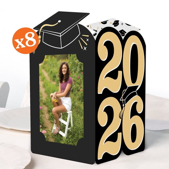 Big Dot of Happiness Black & Gold 2026 Graduation Photo Holder Centerpieces, 4x6 Picture Display Box, Table Decoration Centerpiece for Grad Party Decor, 8 Count