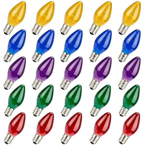 shiyou-5W 120 Volt E12 Socket C7 Multicolor Christmas Replacement Bulbs, C7 Outdoor Indoor String Light Replacement Bulbs(25 Pack)