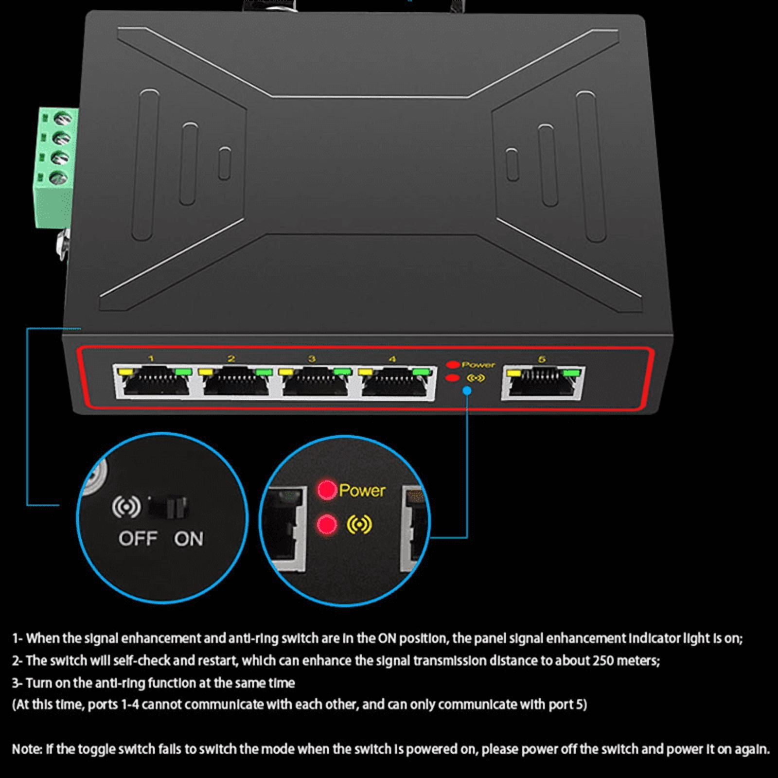 5 Ports 100M Industrial Network Switch RJ45 Hub Internet Splitter RJ45 Switch Plug and Play DIN Rail Type Enhance Switch,1 x Industrial network switch,Black