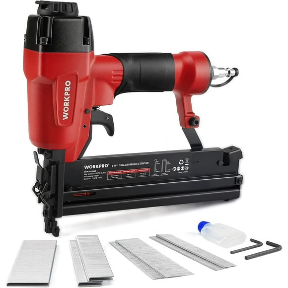 Pneumatic Brad Nailer, 18 GA, 2 in 1 Nail Gun and Crown Stapler, with 400pcs Nails/ 300pcs Staples, for Carpentry, DIY Project, Woodworking