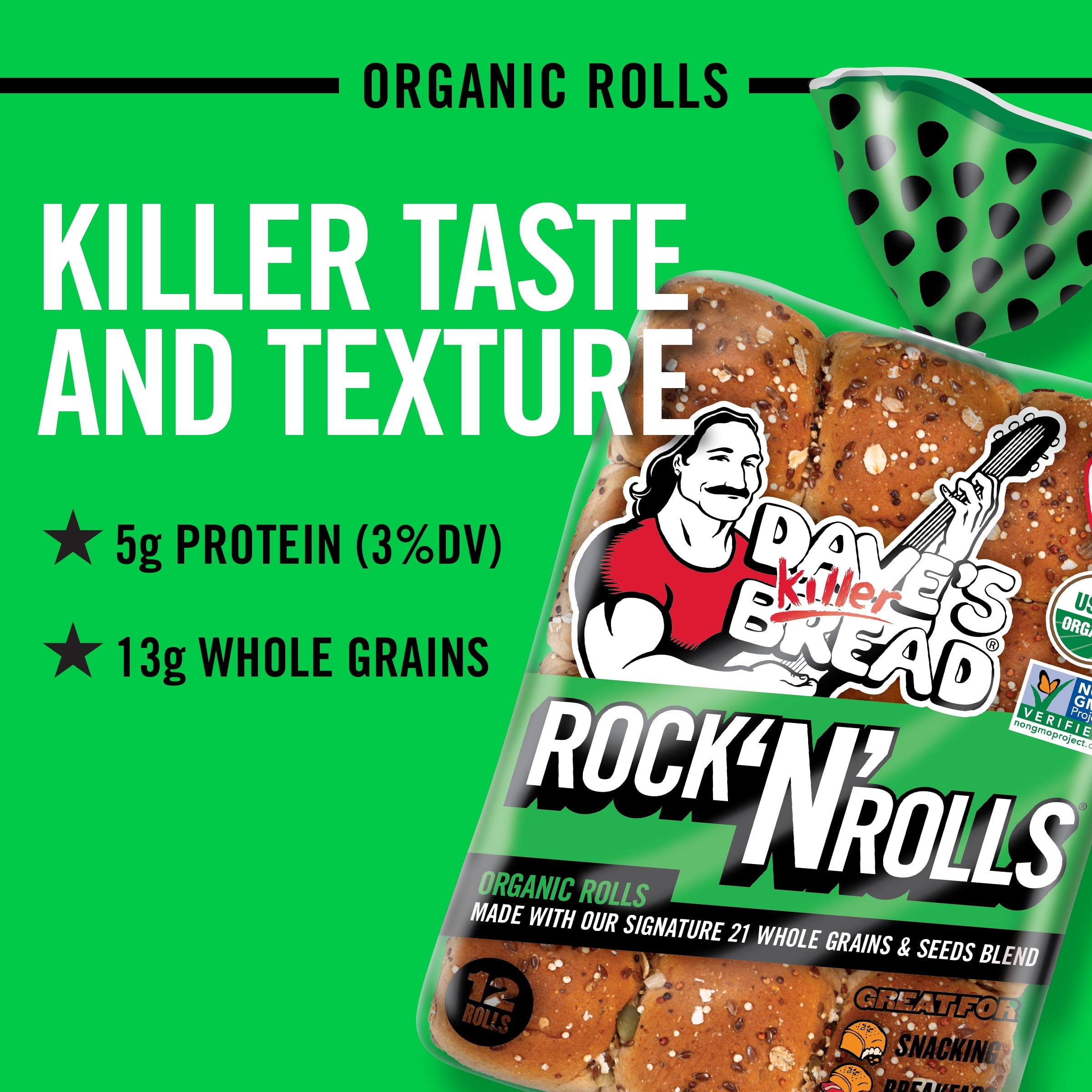 Dave’s Killer Bread Rock 'N' Rolls, Organic Snack, Slider, Breakfast Rolls, 12 Count