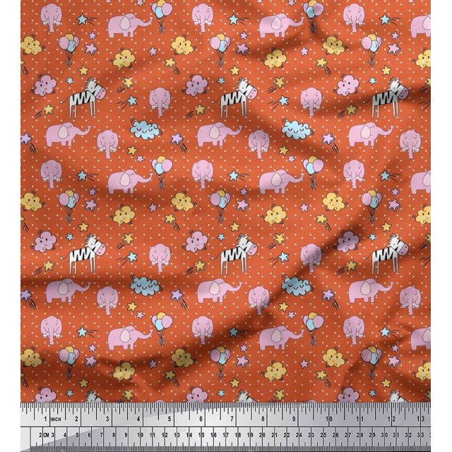 Soimoi Rayon Fabric Cloud,Star & Cute Elephant Kids Print Fabric by Yard 56 Inch Wide
