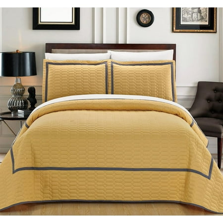 Jewel Tone Comforter Chic Home 7-Piece Marla Hotel Collection 2 tone banded Quilted Geometrical Embroidered, Quilt in a bag, Includes sheets set Queen Quilt Set Yellow ()