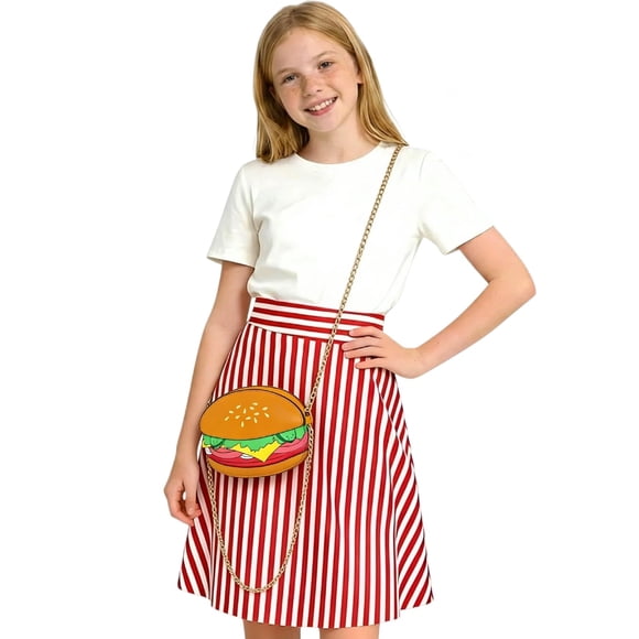 Wo-Fusoul Ensemble Jupe pour Filles, Jupe Midi Évasée à Taille Haute Géométrique avec Fermeture Éclair et Sac Bandoulière, Rouge