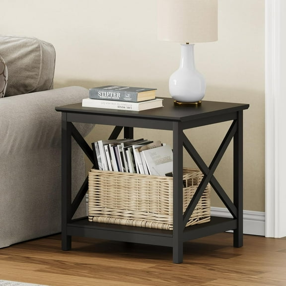 End Table, 24 Inch End Table with 2-Tier Storage Shelf, Side Table for Living Room, Wood Nightstand for Bedroom, Office