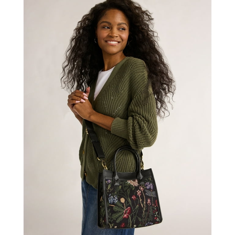 Time and Tru Women s Floral Mini Box Tote Bag with Crossbody Strap Black