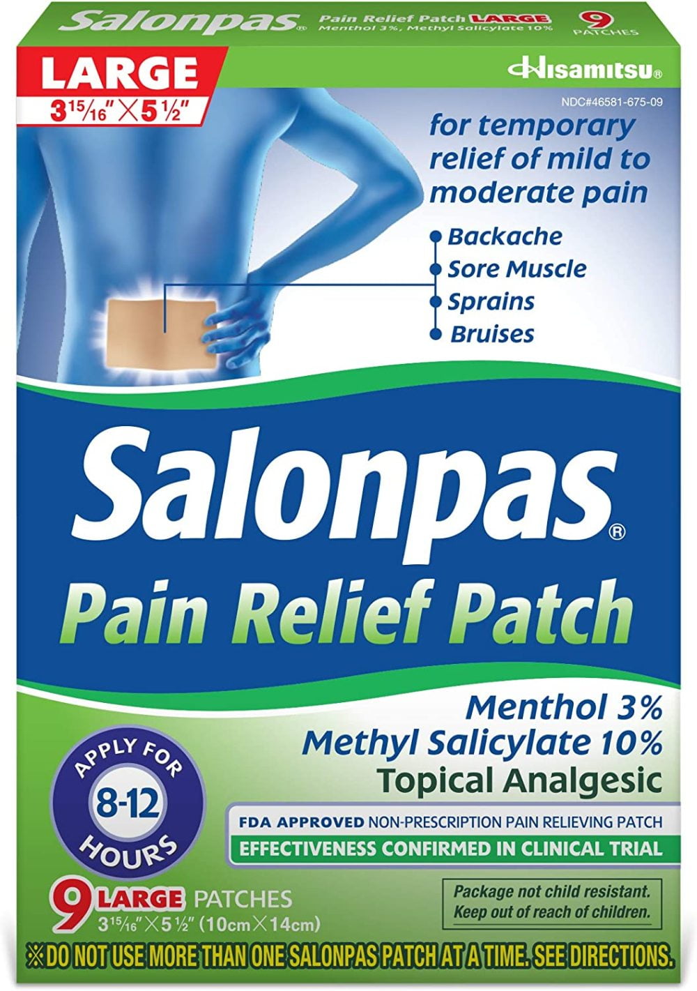 Salonpas Pain Relieving Menthol and Methyl Salicylate Patch - Large - 9 Count - for Back, Neck, Shoulder, Knee Pain and Muscle Soreness - 12 Hour Pain Relief