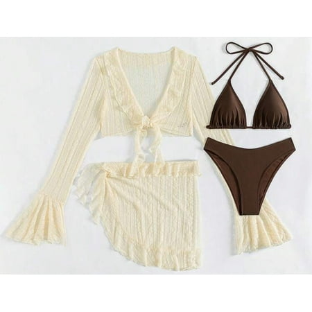 2025 2025 Sexy Four-piece Bathing Wear Long-sleeve Cover-up Swimwear Summer Solid Bikini Set Brazilian Women Beachwear Party Swimsuit