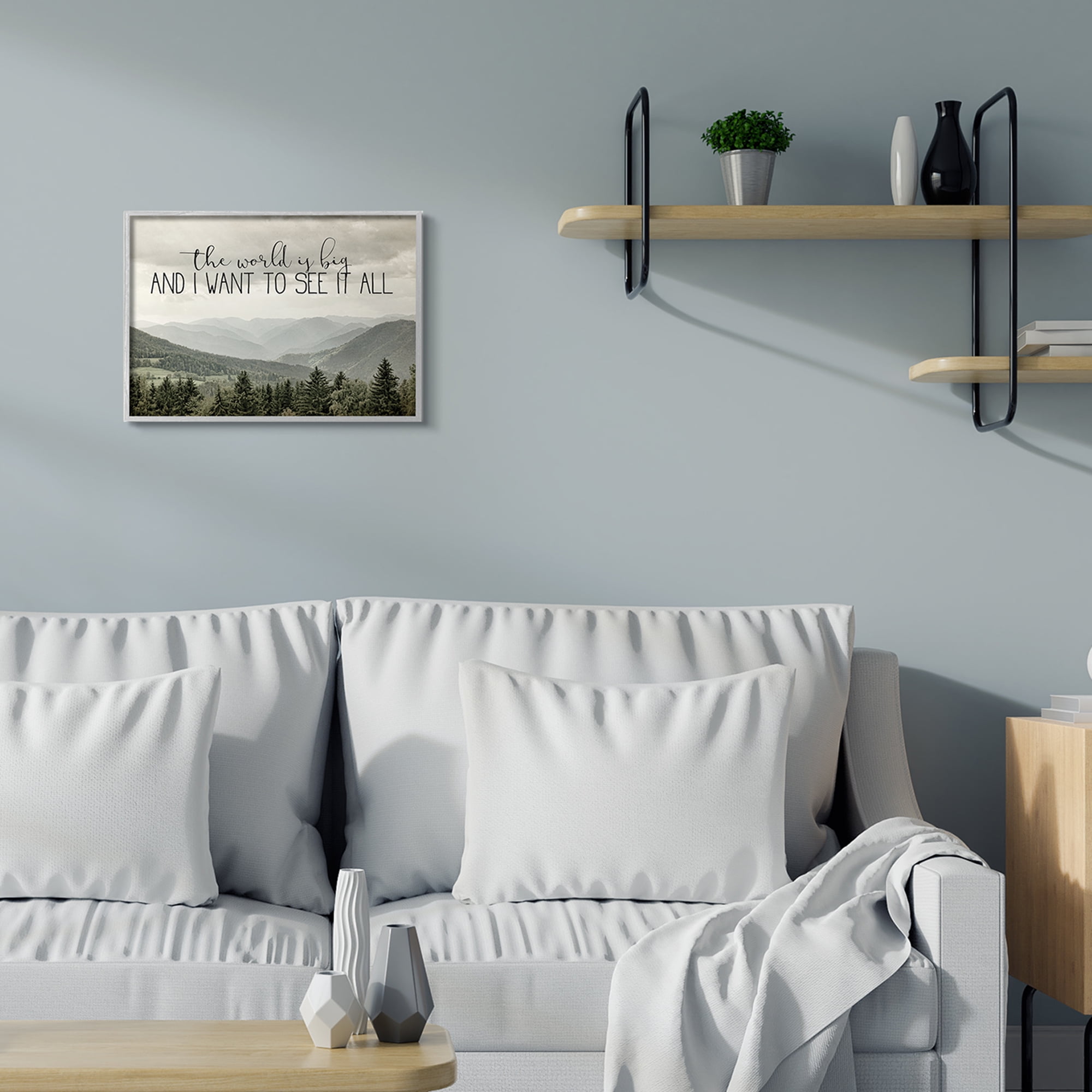 Stupell Industries See It All Phrase Forest Tree Mountain Range Inspirational Painting Gray Framed Art Print Wall Art, 16 x 20