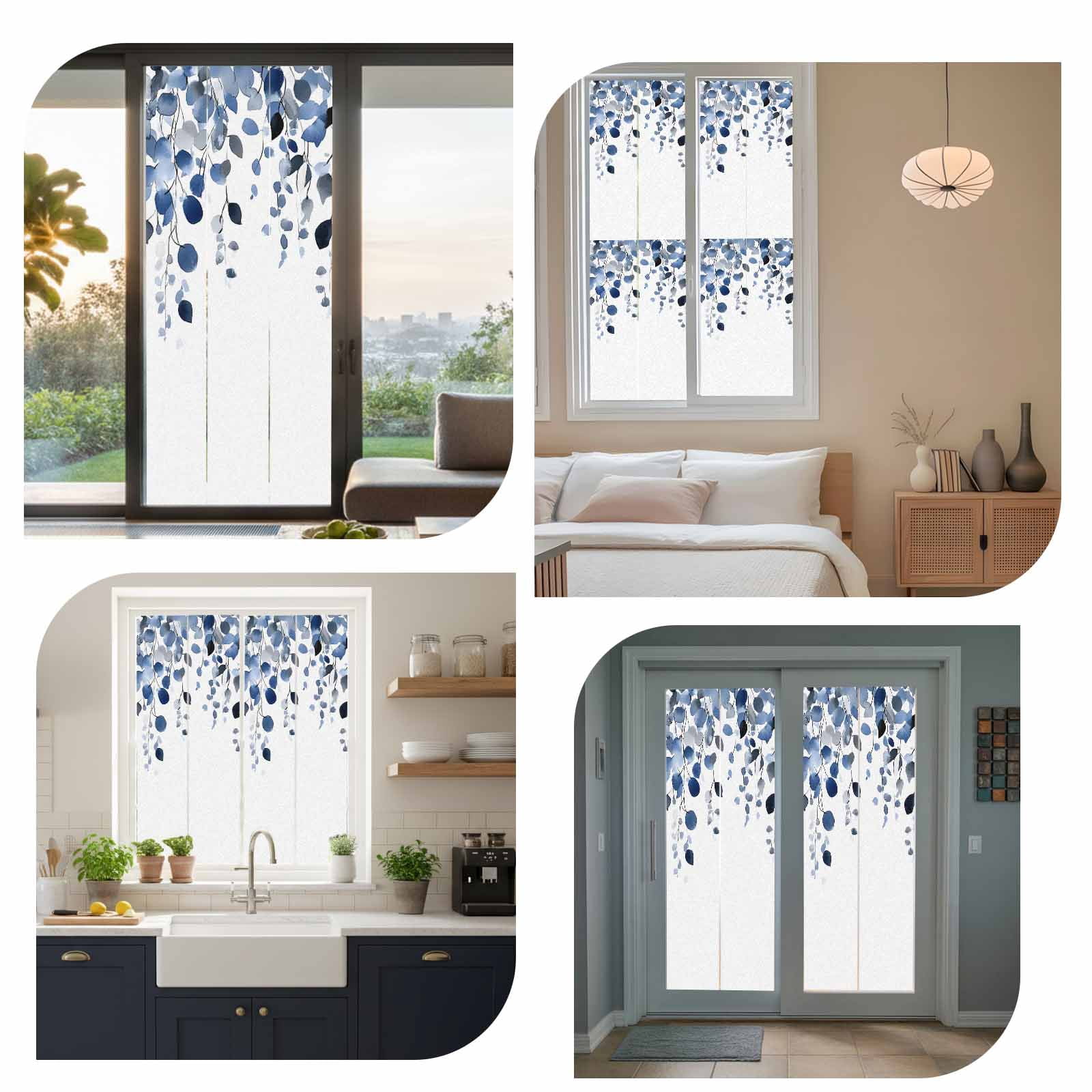 Blue Eucalyptus Leaves Window Privacy Film, Summer Botanical Watercolor Static Cling UV Sun Blocking Tint Film Heat Control Windows Films for Bedroom Bathroom, Window Stickers 29.5"x78.7"