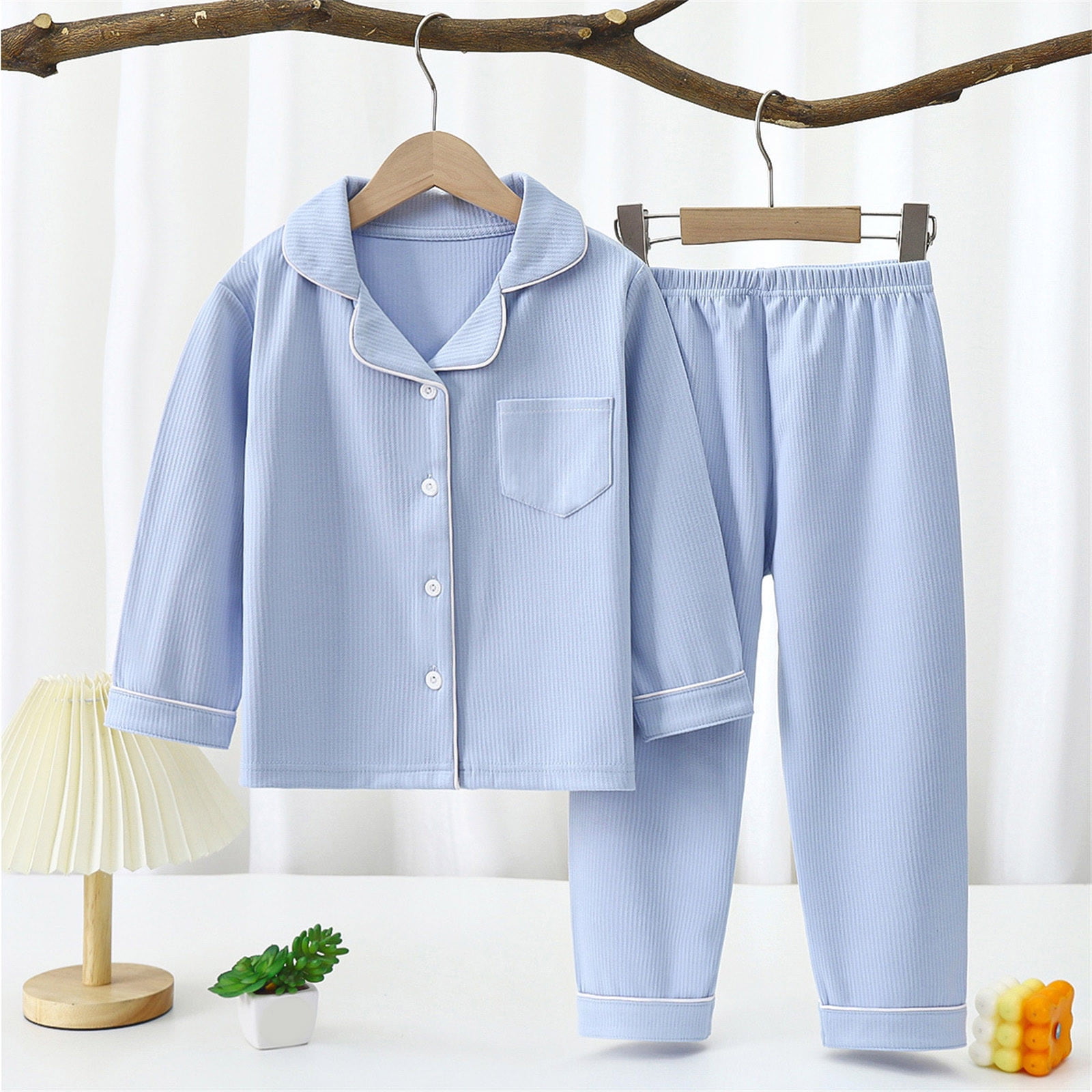 Huvoen Kids Boys Girls Long Sleeves Clothes Set Toddler Baby Kids Winter Boys Girls Solid Color Long Sleeved Button Thin Velvet Home Wear Clothes Suit Blue 10 Years