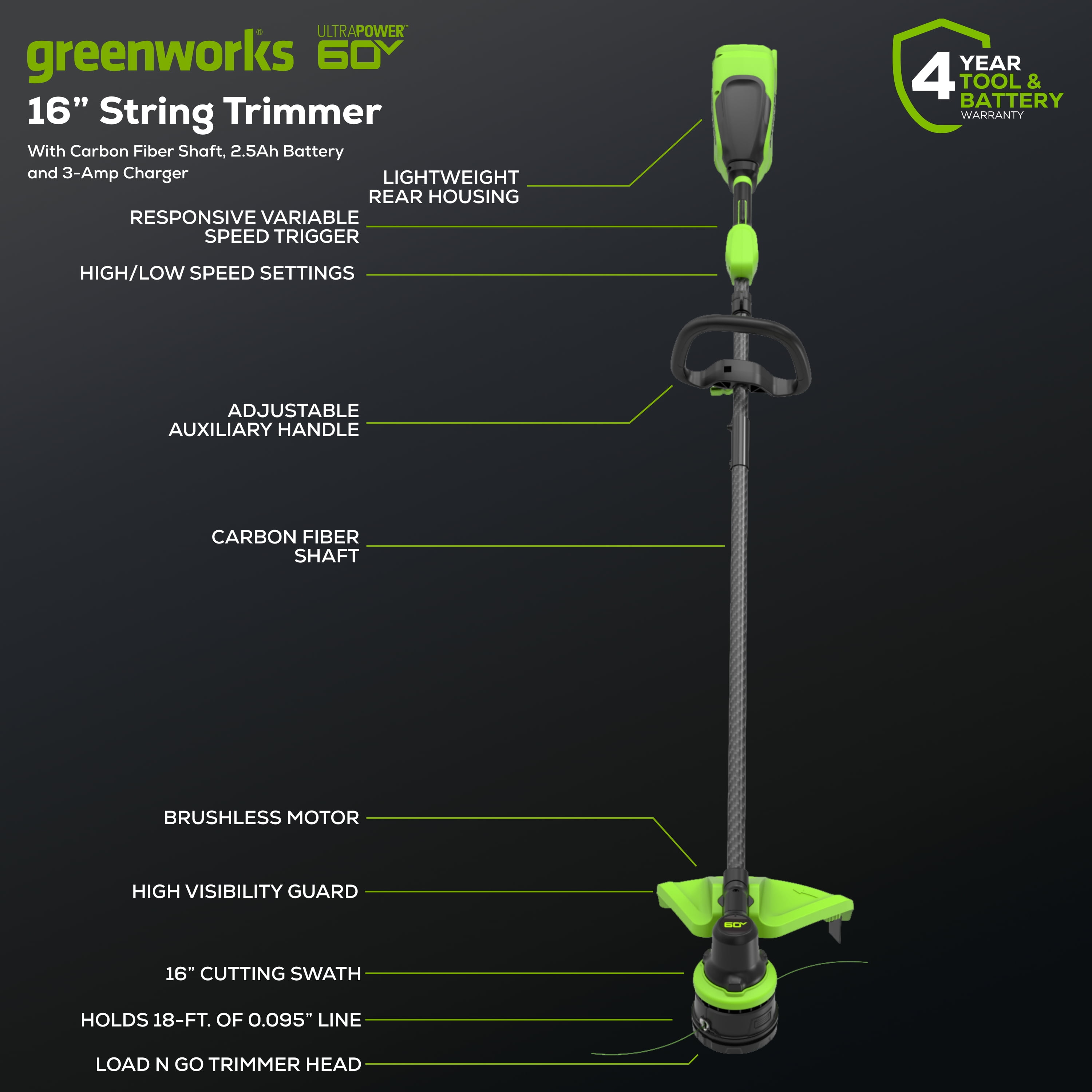 Greenworks 60V 16" Carbon Fiber Shaft String Trimmer with (1) 2.5 Ah Battery & 3A Charger 2136502
