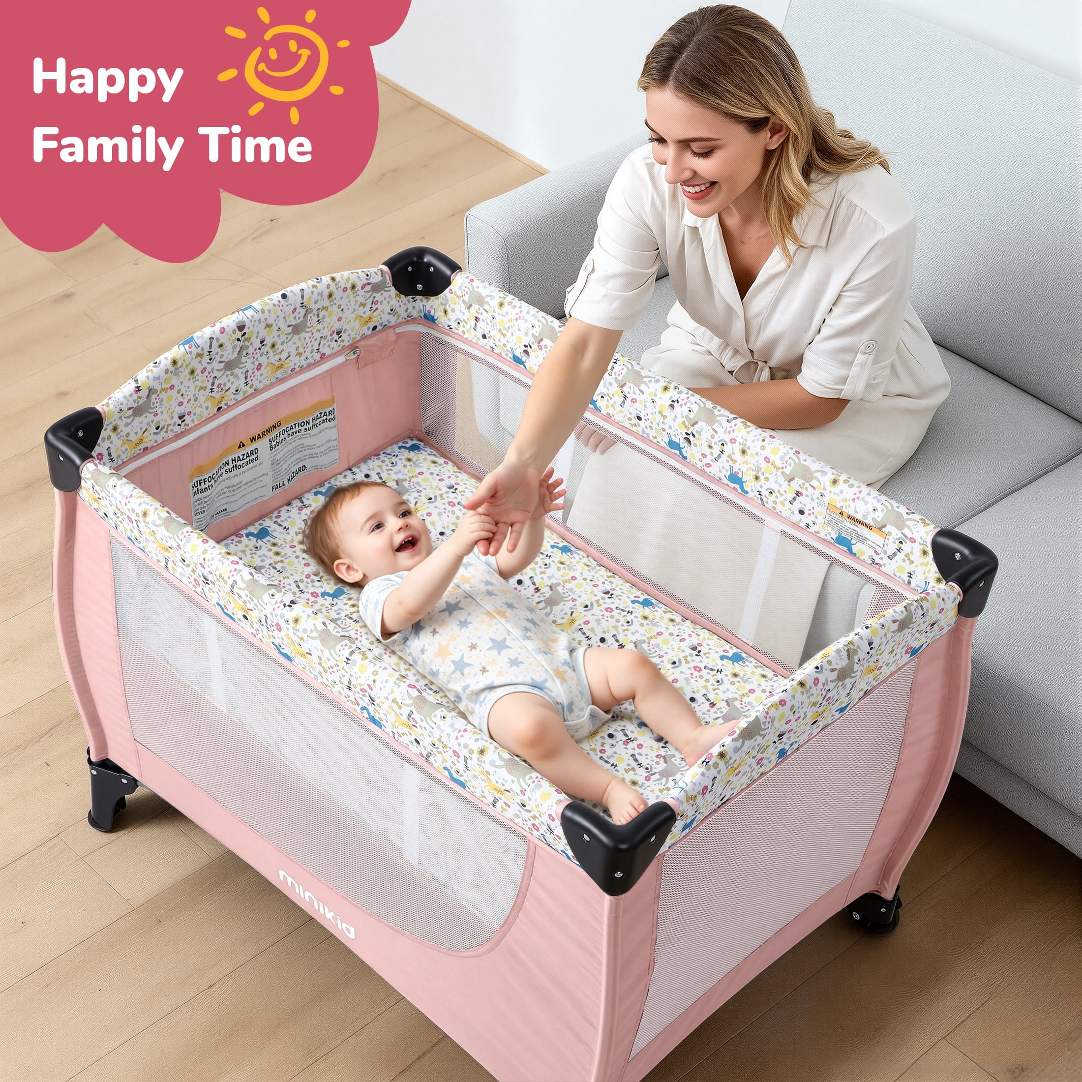 Minikid Baby Playard with Bassinet,Unisex Playpen Include Music Box and Hanging Toys,Portable Crib for Newborn to Toddlers,Pink