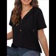 thumbnail image 2 of Blusas de Verano para Mujer, de Punto Gofre, de Corta, con Cordón, Sudaderas con Botones y Cuello en V, Blusas Informales, Camisas. Negro L, 2 of 9