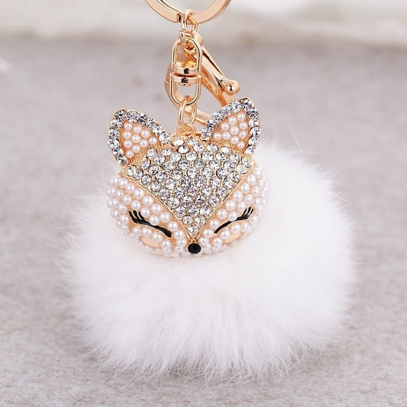 Fox Keychain(White) Drill Rhinestone Pendant Tassel Decoration Hanging Keyring Crystal Keyring for Wallet