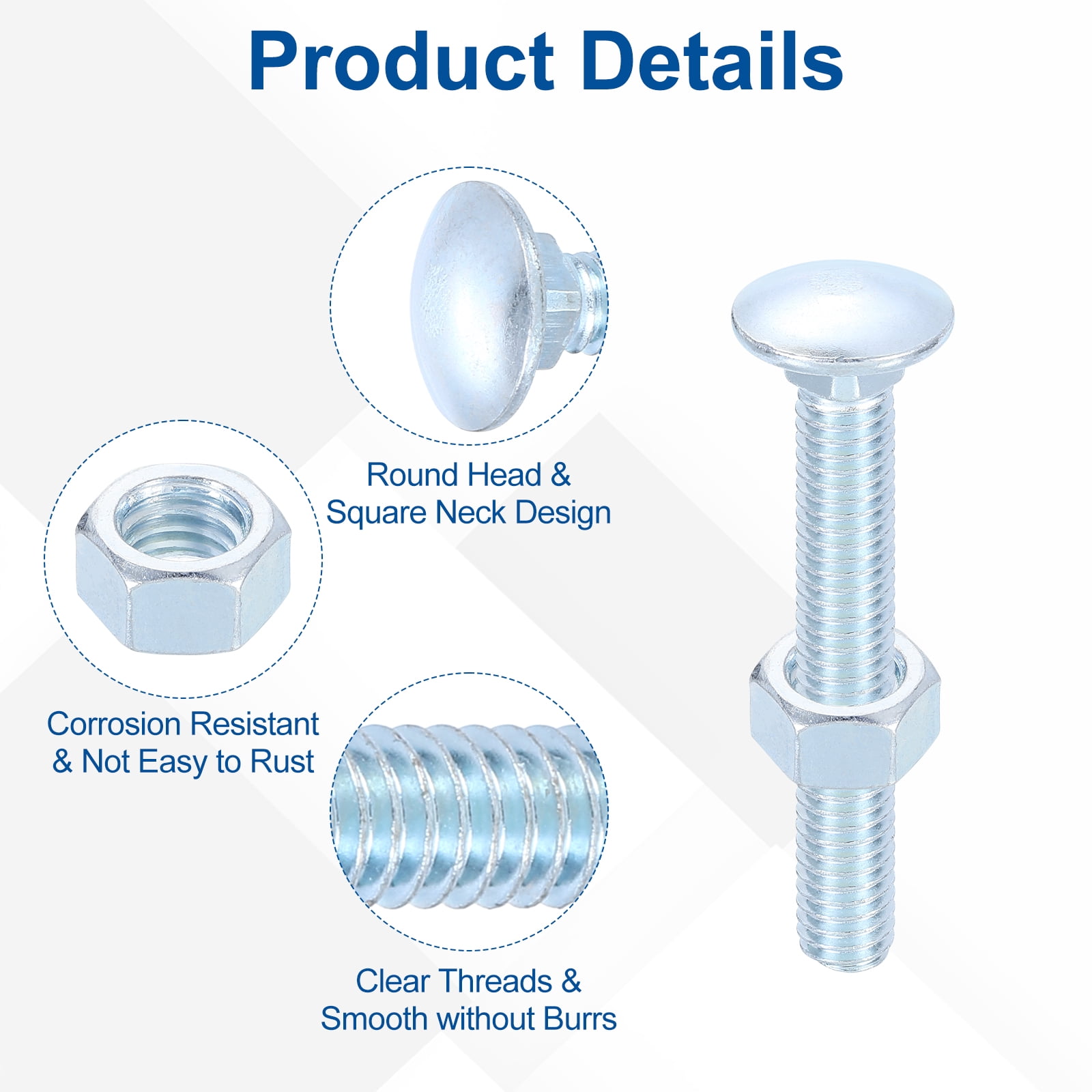 100 Set Carriage Bolts and Nuts Kit, 3/8"-16x2" Carbon Steel Round Head Square Neck Carriage Bolts Screws and Hex Nuts - Blue White