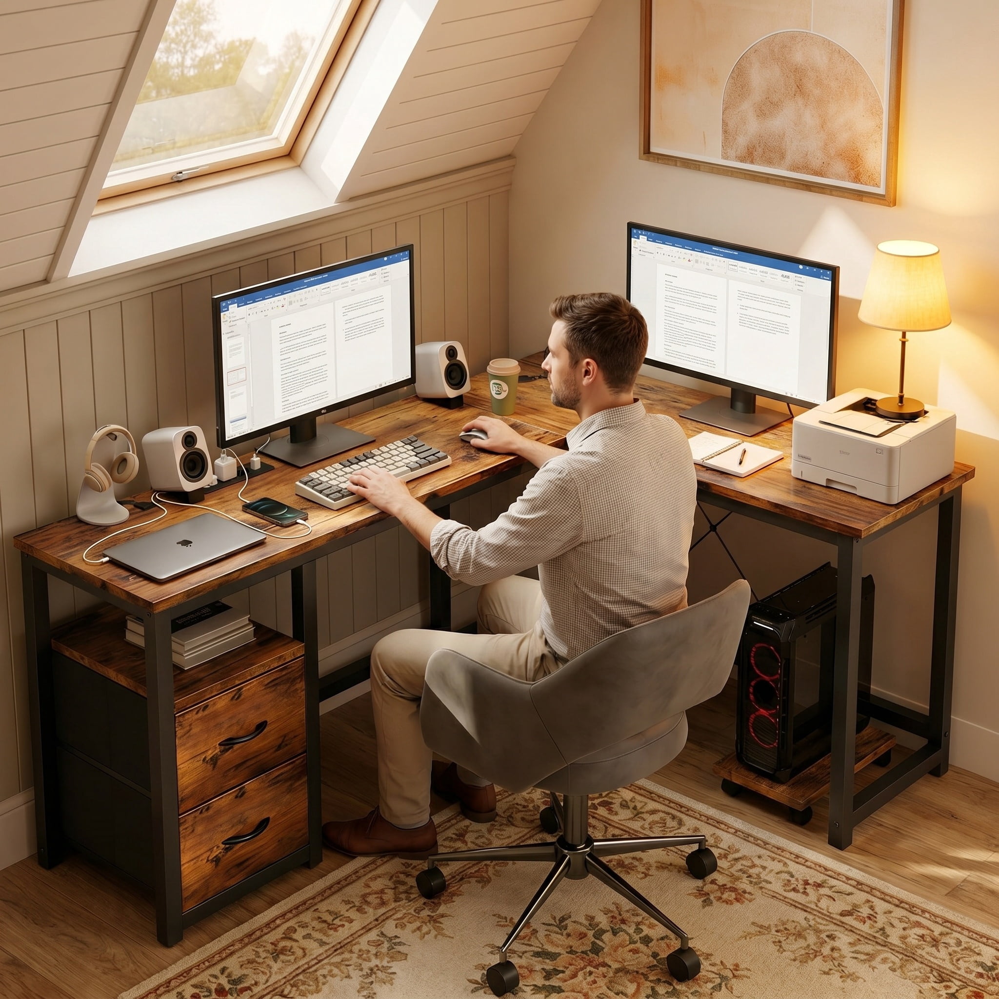 Lofka 66" L Shaped Desk with Drawers for Home Office, Computer Desk with Power Outlet, Gaming Desk Retro Brown