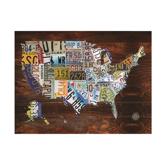 Trademark Fine Art 	Masters Fine Art 	 USA License Plate Map on Wood Canvas Wall Art - 14x19