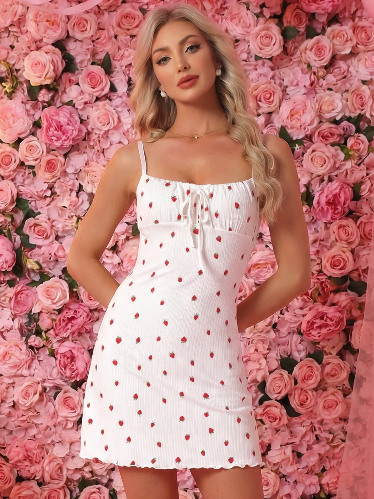 DARING DIVA Women's Ribbed Cute Print Bow Ruffle Hem Sleeveless Nightgowns S Strawberry