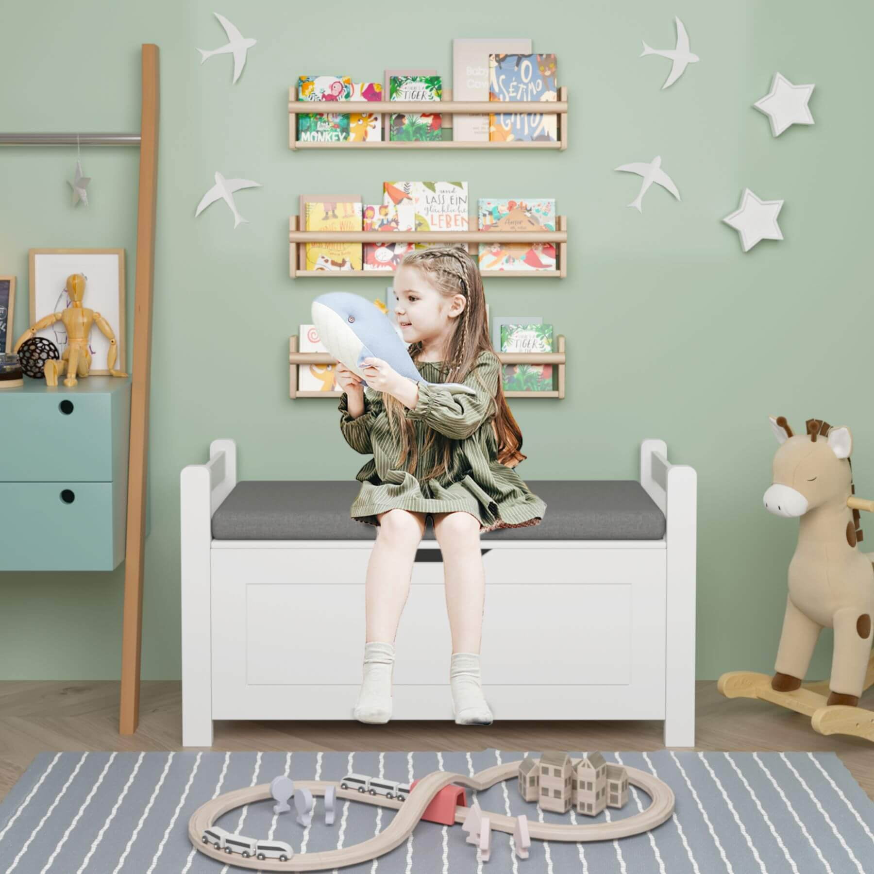 MOONRIVER Kids Toy Box Chest, White Storage Cabinet with Cushion Seat Bench