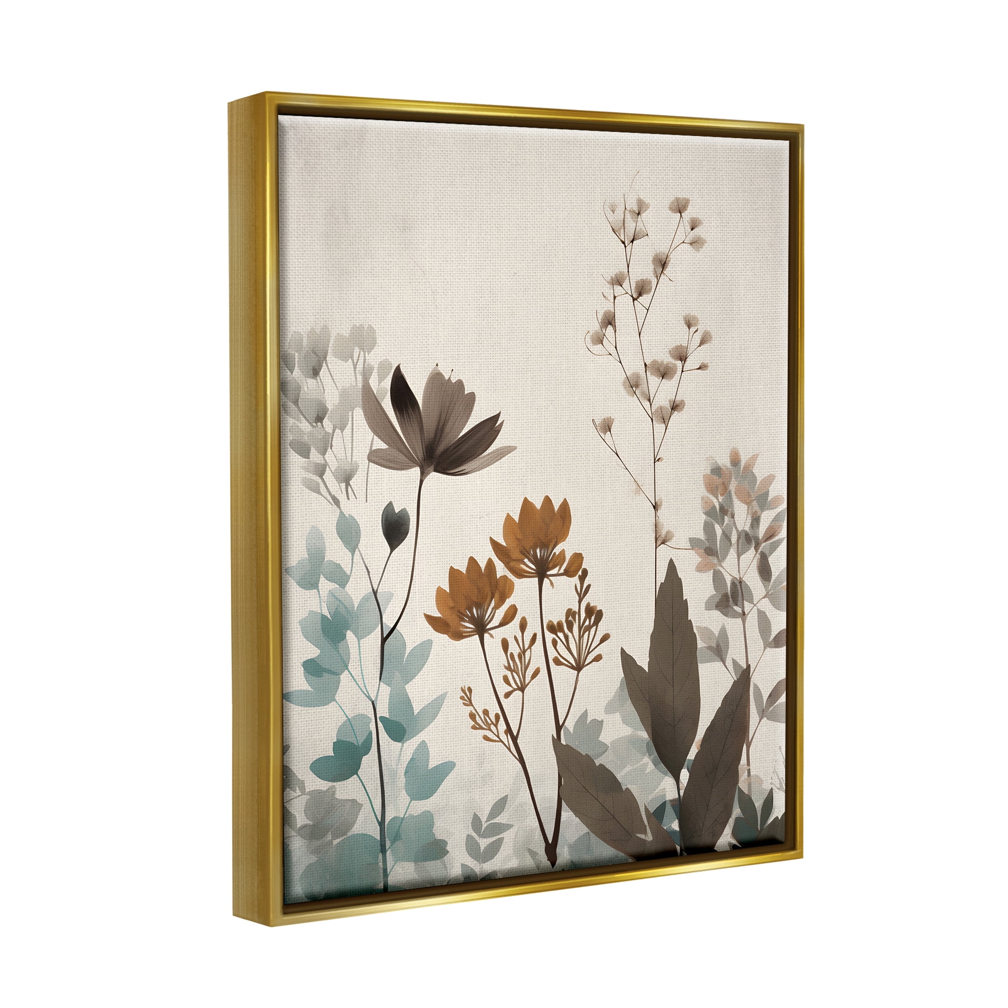 Stupell Industries Soft Beige Botanicals Botanical & Floral Painting Gold Floater Framed Canvas Art Print Wall Art, 17 x 21
