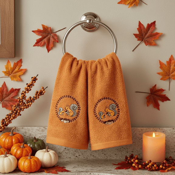 Serafina Home Fall Fingertip Towels: Elegant Embroidered Squirrels with Acorns in Autumn Wreath Design on Plush Burnt Orange, 2 Piece Set, 12" x 18" Inch