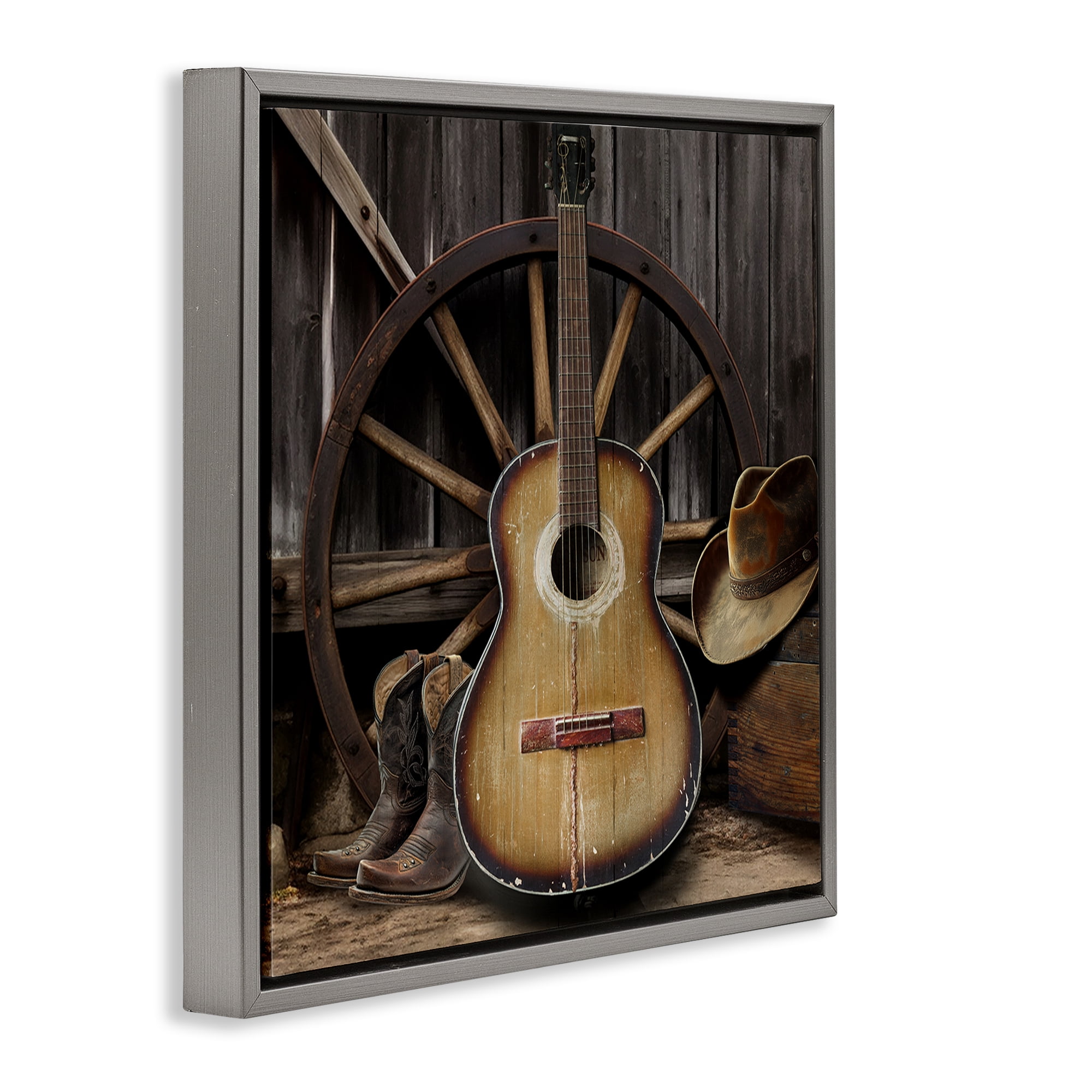 Stupell Industries Rustic Western Guitar with Hat Gray Framed Floater Canvas Wall Art, design by CAD Designs