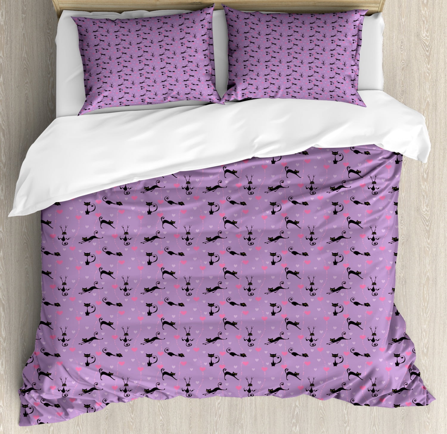 King Size Purple and Black Cat Duvet Cover Set with Pillow Shams