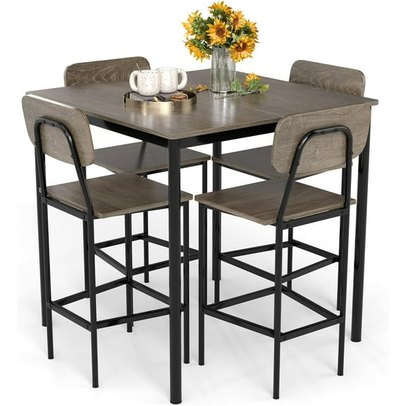 GOFLAME 5-Piece Dining Table Set for Small Space, Kitchen Table and Chairs Set for 4 with Steel Frame, Square Breakfast Table Set, Counter Height Table Set for Home Restaurant, Grey Oak
