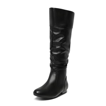 Dream Pairs Womens Wide Calf Faux Fur Slouchy Low Heel Side Zip Knee High Boots Black/Pu Size 7