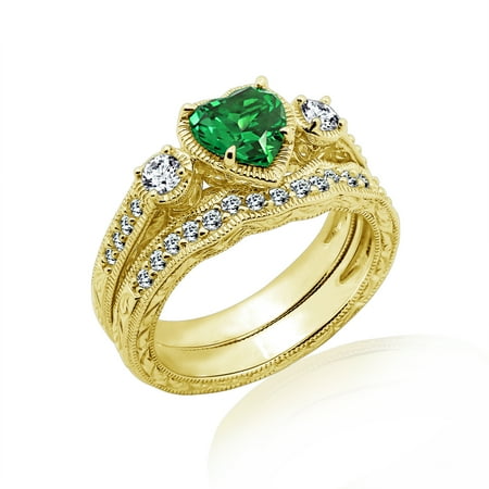 Gold Synthetic Emerald Ring Gemour Yellow Gold Plated Sterling Silver Synthetic Emerald Heart Swarovski Zirconia Antique Ring Set, Size 8 ()