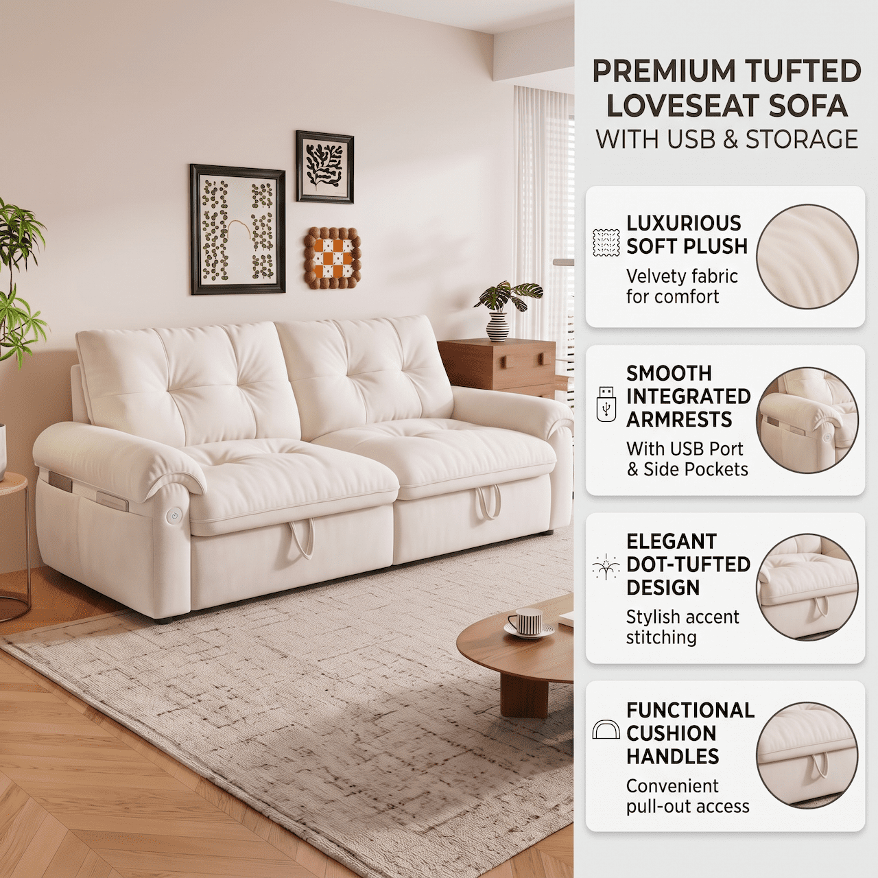 Xiweot Convertible Sleeper Sofa Bed, 77" Queen Size Pull Out Couch Bed with Adjustable Backrest, USB Ports & Side Pocket, Velvet Loveseat Sleeper for Living Room Small Space (Beige)