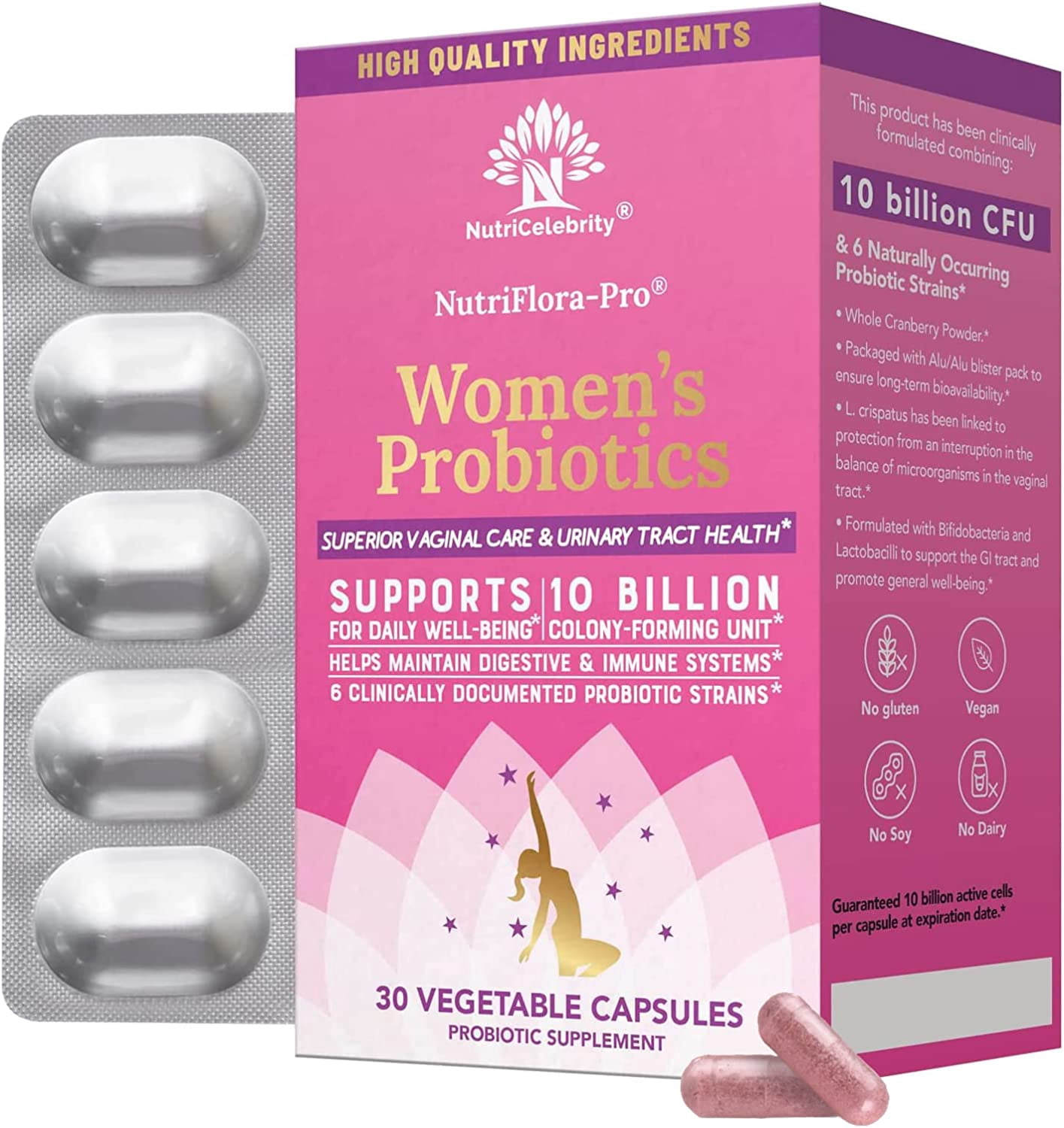 NutriCelebrity NutriFlora-Pro Probiotics for Women - Support Vaginal, Urinary Health (UTI), Digestive System, Period Pain, Yeast, and BV Relief, Cranberry Pills, 10 Billion CFU 6 Strains 30 Cap 2 Pack