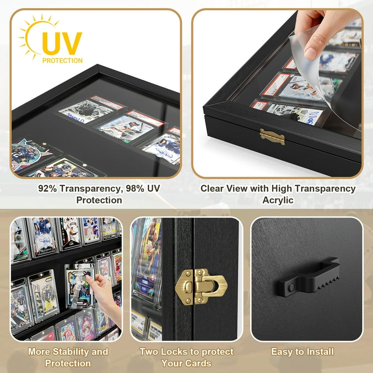 Card Display Case, 35 Graded Sports Display Frame with UV Protection Clear View Lockable for Football Baseball Basketball Hockey Comic Trading Cards,