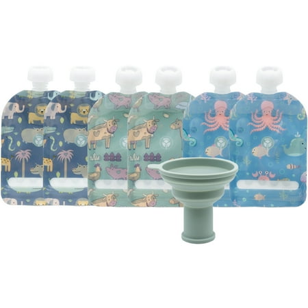 WeeSprout Double Zipper Reusable Food Pouches for Babies & Toddlers, Animals, 3.4 fl oz