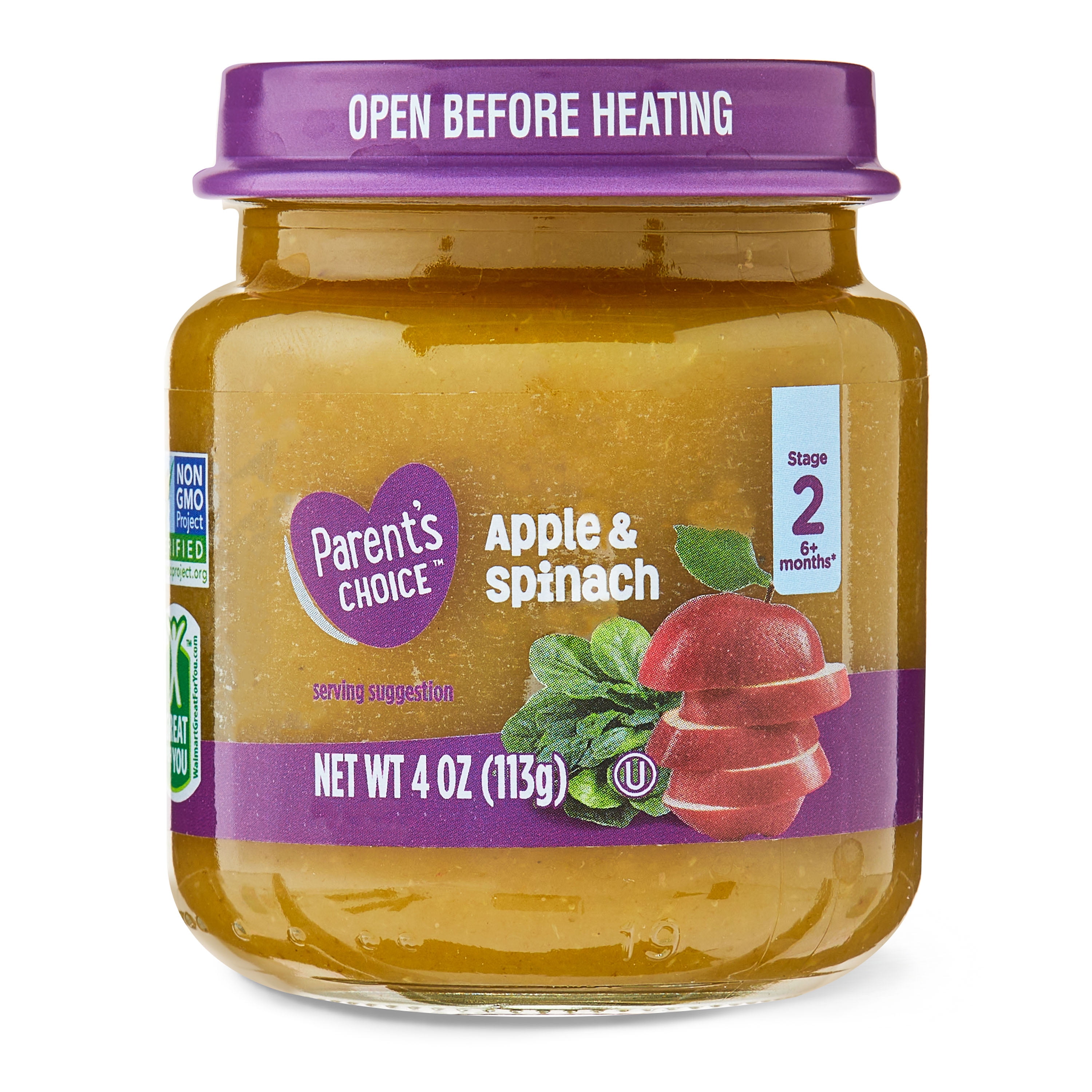 (6 pack) Parent's Choice GMO-Free 2nd Foods, Apple & Spinach, 1 Jar