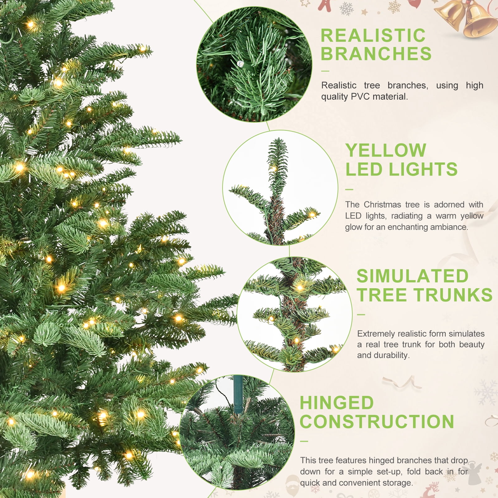 8ft Prelit Christmas Tree with Wooden Base 1307 Tips 500 Warm White LED Lights Rustic Holiday Decor