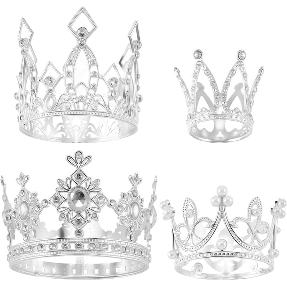 4Pcs 4 Styles Silver Bouquet Accessories Small Crowns Cake Topper Zinc Alloy Mini Cake Decorations Flower Bouquets Supplies for Birthday Wedding Graduation Party Florist Arrangements