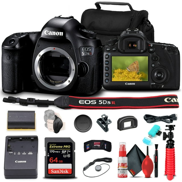 Canon EOS 5DS R DSLR Camera (Body Only) (0582C002) + 64GB Memory Card + Card Reader + Case + Flex Tripod + Hand Strap + Cap Keeper + Memory Wallet + Cleaning Kit