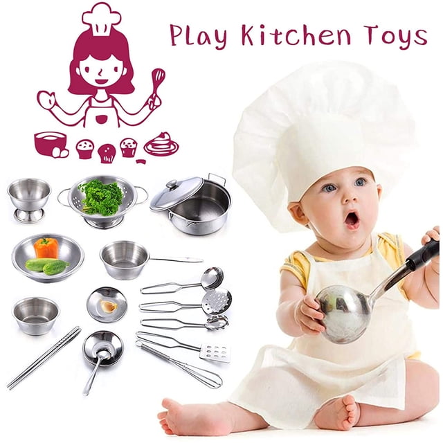 16 Uds Juego De Juguetes De Cocina Para Niños ANGGREK Juego De Ollas Y Sartenes De Acero Inoxidable